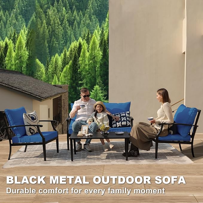 SunloungeCo 4-Piece Patio Furniture Set, Wider Outdoor Metal Seating Sofa with High Back & Loveseat, Coffee Table, All Weather Metal Conversation Set for Backyard, Poolside, Deck-Peacock