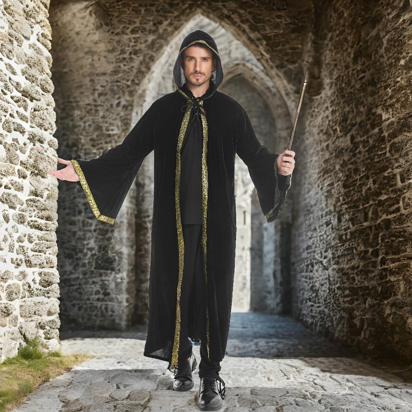 AGCOAH Wizard Costume Cloak with Hood Men Wizard Robe Wizard Cloak Krampus Robe Fancy Robe Cosplay (Black-55inch)