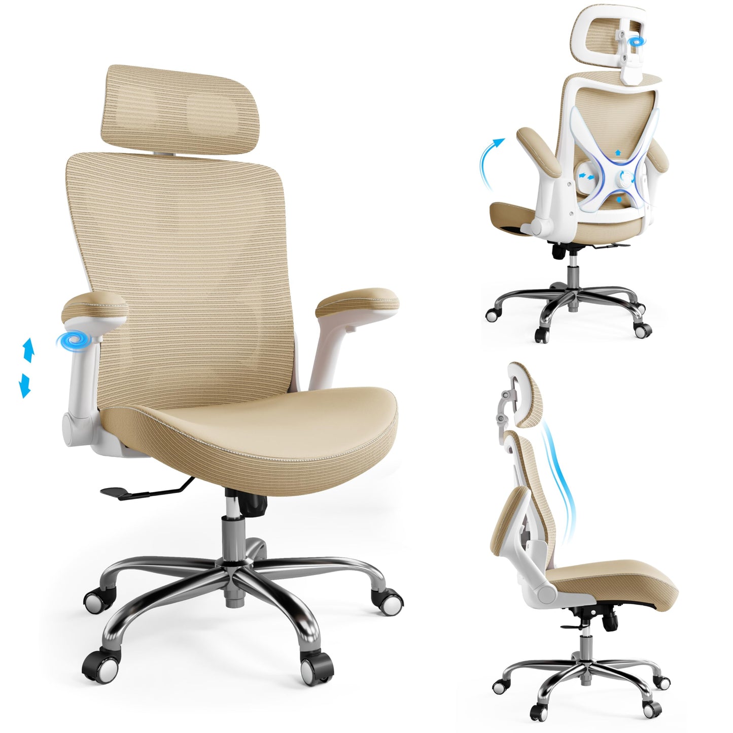 Ergalithic Office Home Ergonomic Desk Chair-Computer X-Shaped Chair Mesh PU Leather with Adjustable Lumbar Support-Executive Chair High Back with Headrest Flip-Up Arms for Long Hours (Khaki)