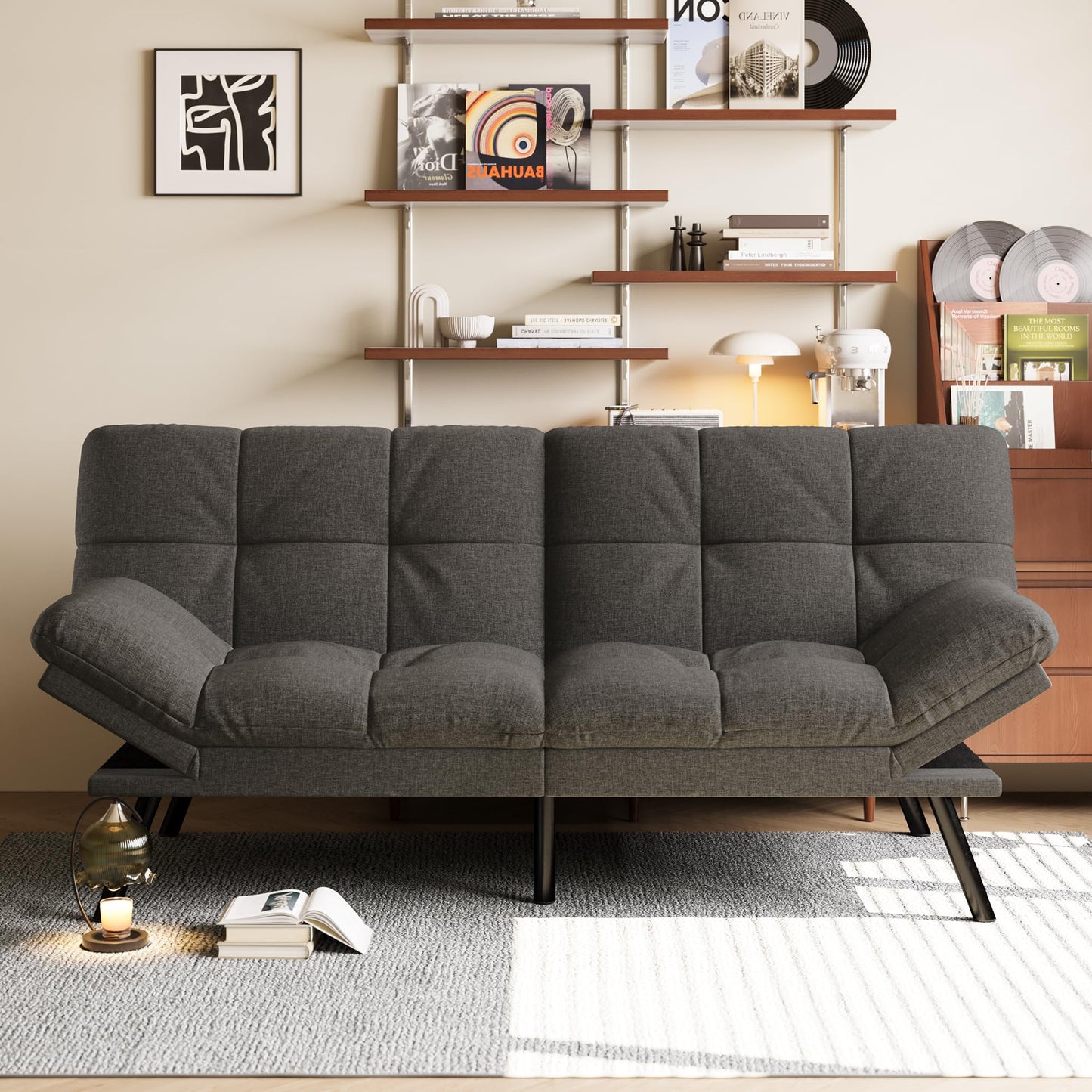 Opoiar Convertible Futon Sofa Bed,71" Memory Foam Futon Couch,Detachable Cushion,Adjustable Backrest & Armrest,Linen Modern Loveseat Sleeper Recliner for Living Room,Office,Apartment,Retro Grey