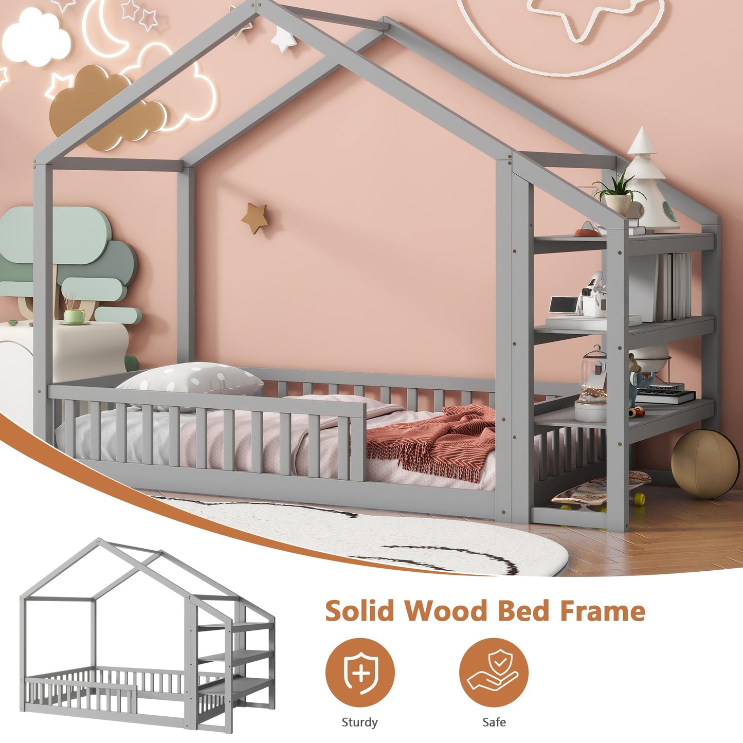 Aoowow Twin Size Floor Bed Twin House Bed Frame with Storage Shelves, Wooden Montessori Floor Bed Kids Playhouse with Fence for Boys Girls for Bedroom,Twin-Grey