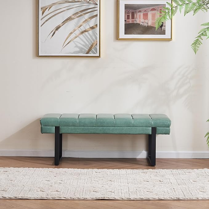 AIITTCC Faux Leather Bench 46.5" Ottoman Bench,Tufted Padded End of Bed Bench with Metal Legs, Upholstered Shoe Bench for Bedroom Living Room Entryway Window (Sage Green, 46" Wide)