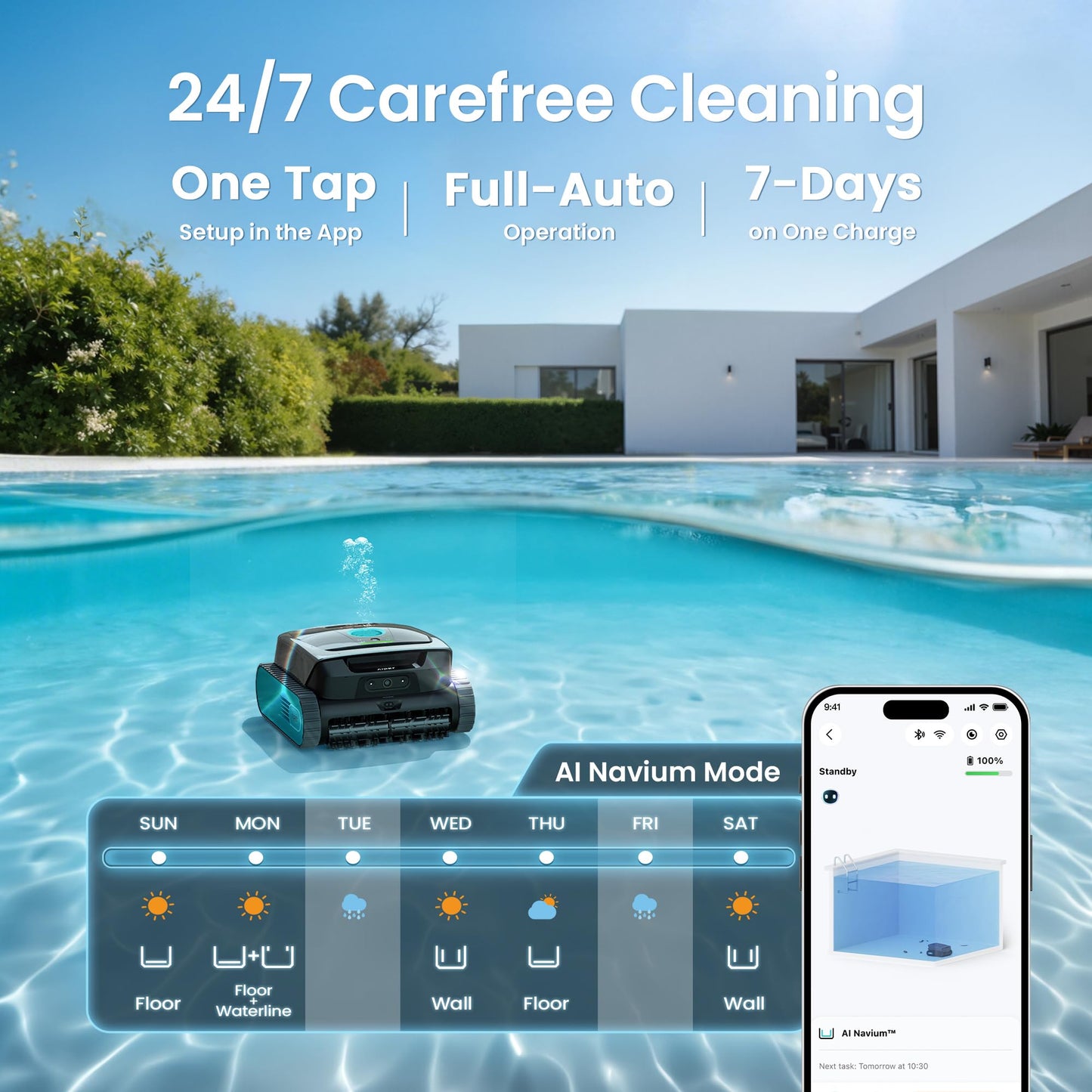 AIPER Scuba V3 AI Vision Cordless Robotic Pool Cleaner, Include Wireless Charging Dock, Smart Waterline Parking & Featherlight Design, Micromesh Multi-Layer Filtration, Blue