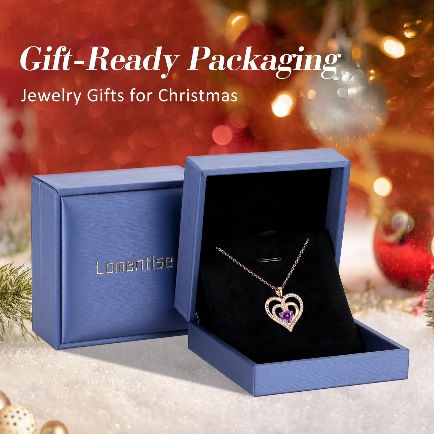 Lomantise Christmas Gifts for Wife Amethyst Heart Birthstone Necklace for Women 925 Sterling Silver Wife Jewelry Rose Gold I Love You Pendant Anniversary Birthday Gift for Her