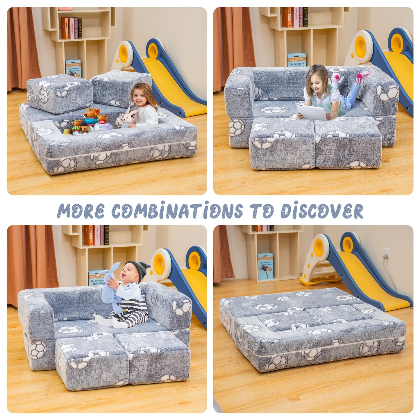 Lamerge Toddler Couch Glow in The Dark Toddler Fold Out Couch for playroom, Convertible Baby Fold Out Play Foam and Floor Cushion for Bedroom (Grey+Football)