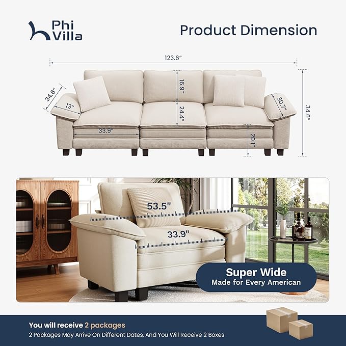PHI VILLA Modern Modular Couches Sets, 123.6" Cloud Sectional Sofa with Upholstered Deep Seat, 3-Seater Couch for Living Room Small Spaces, Chenille Fabric, Beige