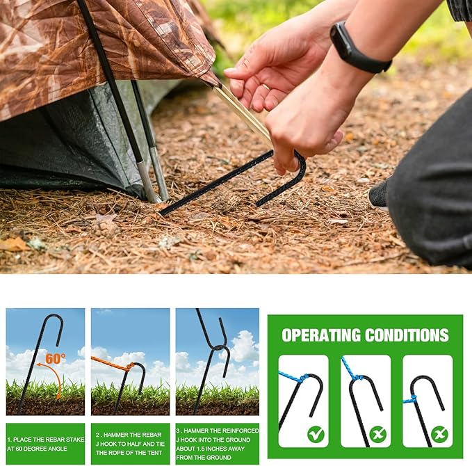 ERYTLLY 12In Rebar Stakes J Hook Heavy Duty Galvanized Metal Stakes for Ground Barrel Soil Tent Swing Set Anchors Fence Stakes Curved Steel Plant Support Garden Stakes with Hooks（12in 16pk）