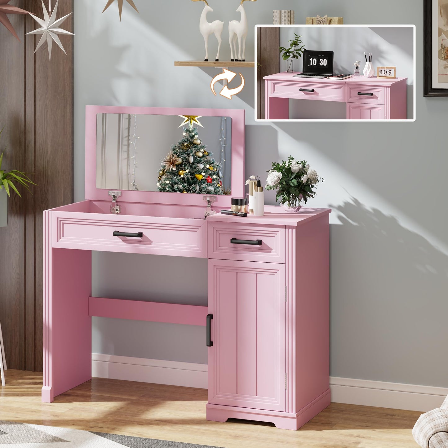FOMNEY Farmhouse Vanity Desk with Flip Top Mirror, 43.3" W Makeup Vanity with Drawers, Storage Cabinet, Dressing Make Up Vanity Table for Bedroom, Wood Home Office Desk, Pink