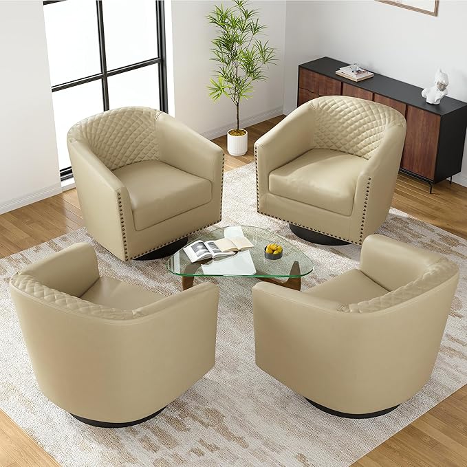 UIXE Swivel Accent Chairs Set of 4, PU Leather Barrel Club Chair for Living Room, Upholstered Round Armchair Comfy Single Sofa Bedroom Reading Seat - Beige Cream