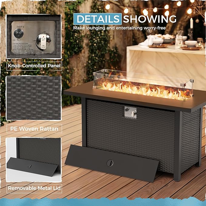 Crownland 8-Piece Outdoor Patio Furniture Sets with 45” Propane Gas Fire Pit Table, All-Weather Black Wicker Rattan Sectional Sofa with Coffee Table(Dark Blue)