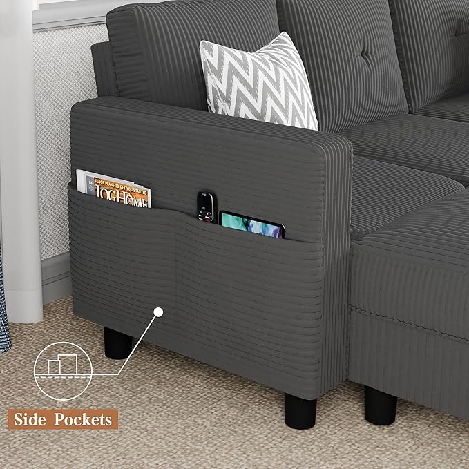 Shintenchi 76" Modern Upholstered Sectional Sofa Couch,L-Shaped Convertible Sofa with Storage Ottoman,Comfy Couches with Side Storage Pockets for Living Room,Dark Gray Corduroy Fabric