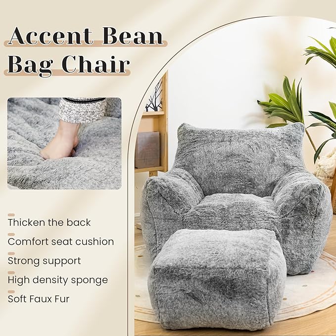 Cvortll Bean Bag Chair with Ottoman, Armrest Bean Bag Chairs with Filler, Ultra Soft Fluffy Faux Fur Bean Bag Chair with Foot Rest, Plush Lazy Sofa with Foot Stool for Living Room, Dorm