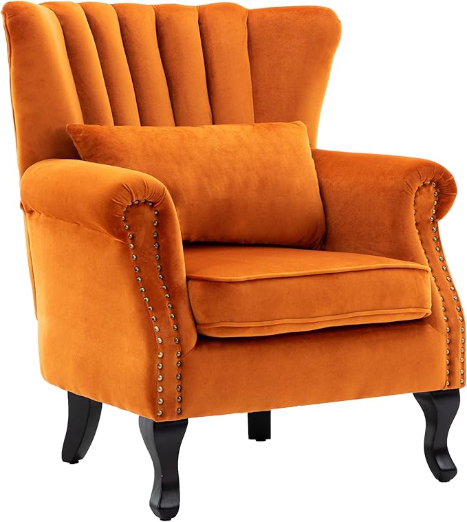 DM Furniture Mid Century Accent Chair Modern Tufted Wingback Armchairs Club Chair Velvet Single Sofa Lounge Chair with Pillow for Living Room, Orange