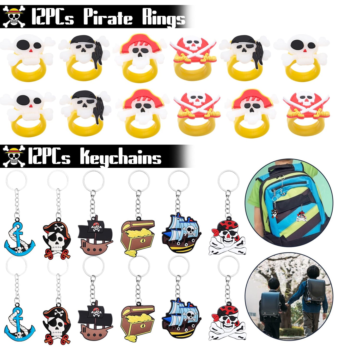 CHRIMISS Pirate Party Favors - 96PCS Supplies with Gold Coins, Gems, Keychains, Bracelets, Eye Patches & Mustache Tattoos for Birthday Party Goodie Bags