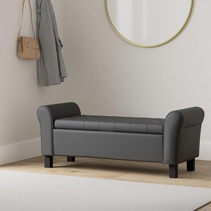 Babion Storage Bench for Bedroom End of Bed, Button Tufted Storage Ottoman Bench 51 Inch, End of Bed Storage Bench with Upholstered, Rolled Arm Window Bench Seat with Solid Wood Legs, Black