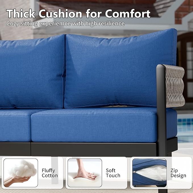 RTDTD Aluminum Patio Furniture Set,5 Pieces HDPE Rope Patio Conversation Sets with Modular Coffee Table,Metal Outdoor Sectional Furniture w/5.9" Thick Cushions for Porch,Deck,Backyard,Navy Blue