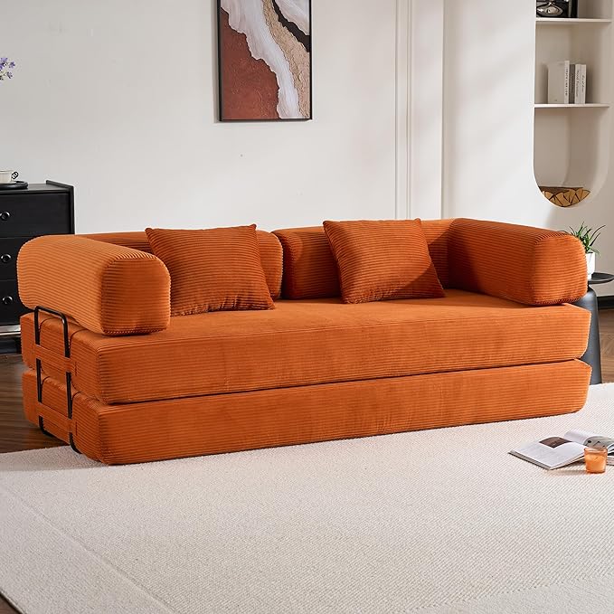ZEIINPA Convertible Folding Couch Bed, Comfy Corduroy Sleeper Floor Sofa Bed with Fixed-Shape Frame, Floor Sofa with Armrest, Lounge Couch for Living Room Bedroom Lounge Studio, Orange
