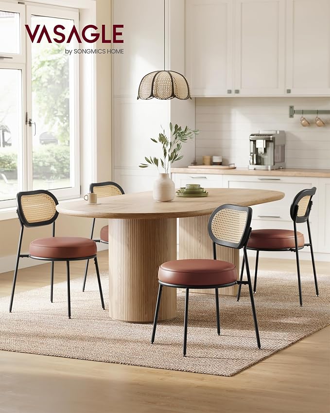 VASAGLE Dining Chairs, Set of 4 Accent Chair for Dining Room Kitchen, with Boho PE Rattan Back, Synthetic Leather Upholstery, Coffee Brown ULDC160K24