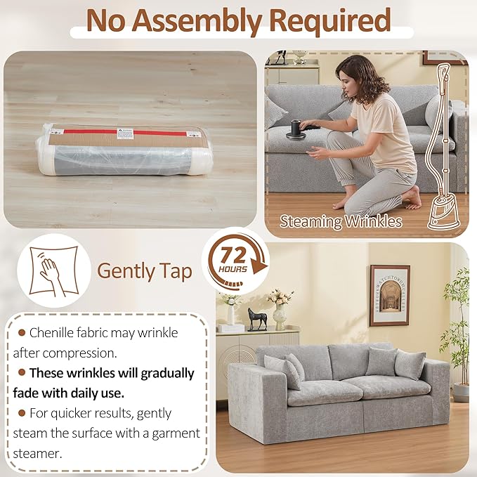 88''Cloud Boneless Sectional Couch, Modular Sectional Sofa Deep Seat, Upholstered Convertible Comfy Loveseat Chenille Memory Foam Sofa Couches for Living Room, Light Grey
