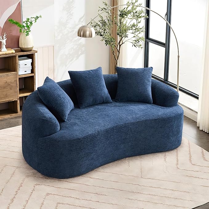 65'' Modern Curved Cloud Loveseat Sectional Sofa for Small Spaces, Luxury Plush Chenille Deep Seat Couch with 3 Pillows, No Assembly Needed Apartment Living Room Furniture, Blue