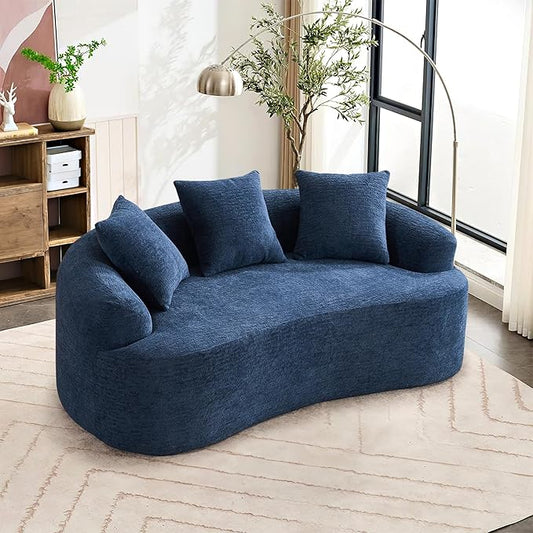 65'' Modern Curved Cloud Loveseat Sectional Sofa for Small Spaces, Luxury Plush Chenille Deep Seat Couch with 3 Pillows, No Assembly Needed Apartment Living Room Furniture, Blue