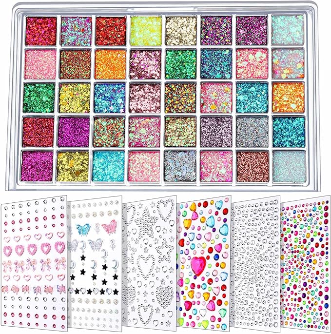 FANDAMEI Face Glitter Face Gems, 40 Colors Glitter Gel Palette with 6 Sheets Self Adhesive Hair Gems, Face Jewels for Wome...