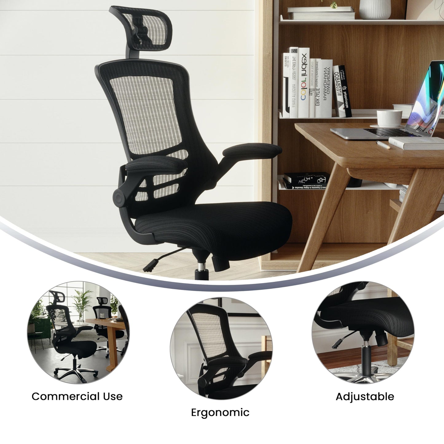 Flash Furniture Kelista High-Back Swivel Office Chair with Adjustable Lumbar Support and Seat Height, Ergonomic Mesh Desk Chair, Black