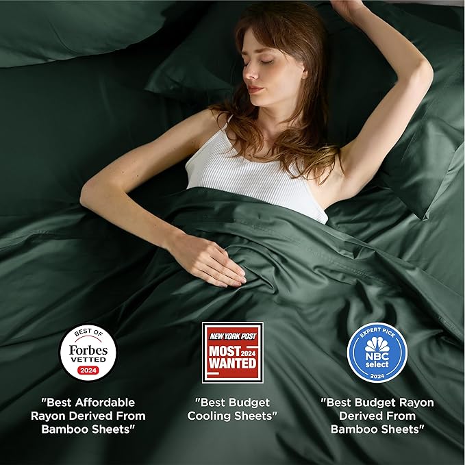 Bedsure Queen Sheet Set, Rayon Derived from Bamboo, Cooling Sheets, Breathable & Soft, Deep Pocket Up to 16 Inches, Hotel Luxury Silky Bedding for Hot Sleepers, Forest Green