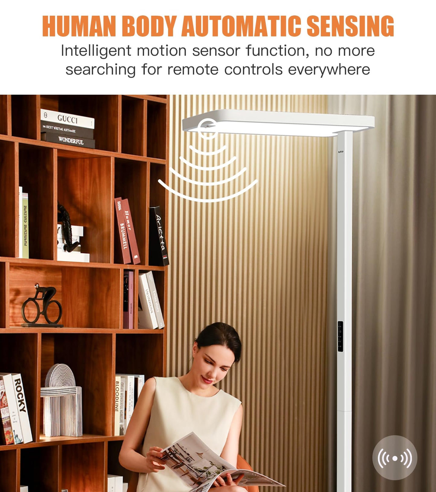 PalFish Pure Light Floor Lamp - Motion Sensor, 100W Full-Spectrum Standing Lamp for Bedroom, Living Room & Office - 60000+h Lifetime, 9500LM, 4000K, White Floor Lamp