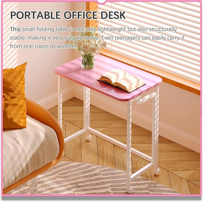 4NM 23.6" Mobile Small Rolling Computer Desk, Folding Laptop Cart Table with Wheels, Portable Office Desk for Small Space Couch Bed - Pink and White