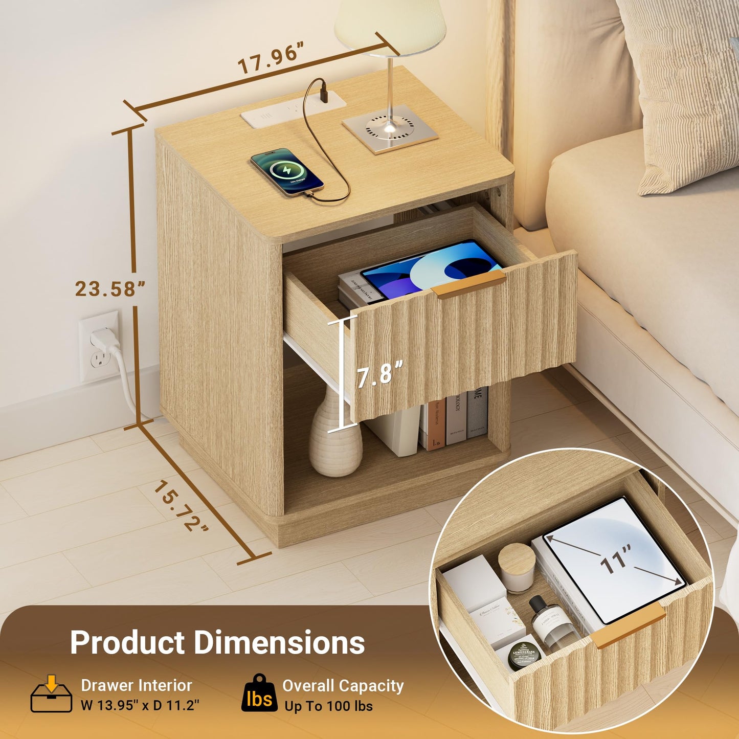 FavourLife Fluted Nightstand Set of 2 with Charging Station, 18" Bedside Table End Table with Drawer & Open Shelf, Mid Century Modern Night Stand for Bedroom Sofa Home Office, Natural Oak