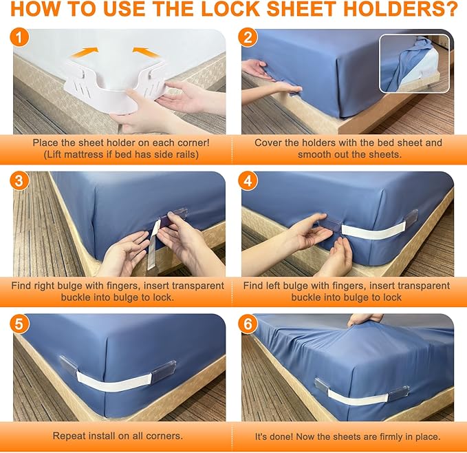 Bed Sheet Holders for Corners, 4Pcs Heavy Duty Fitted Sheet Holder with Lock Fastener Straps &Anti-Slip Pads Keep Sheets Firm&Tight, No More Loose Sheets, Easy Installation for Any Mattress (White)