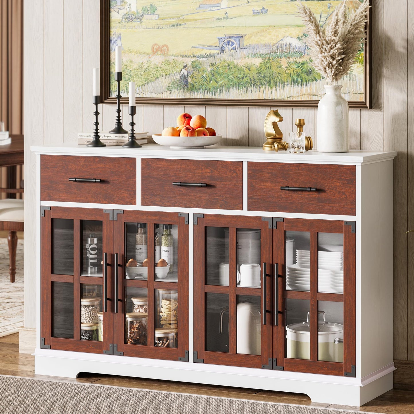 IRONCK Buffet Cabinet with Storage, 55" Large Sideboard Buffet Storage with LED Lights, Farmhouse Coffee Bar Wood Liquor Cabinet for Kitchen, Dining Room, Red Walnut