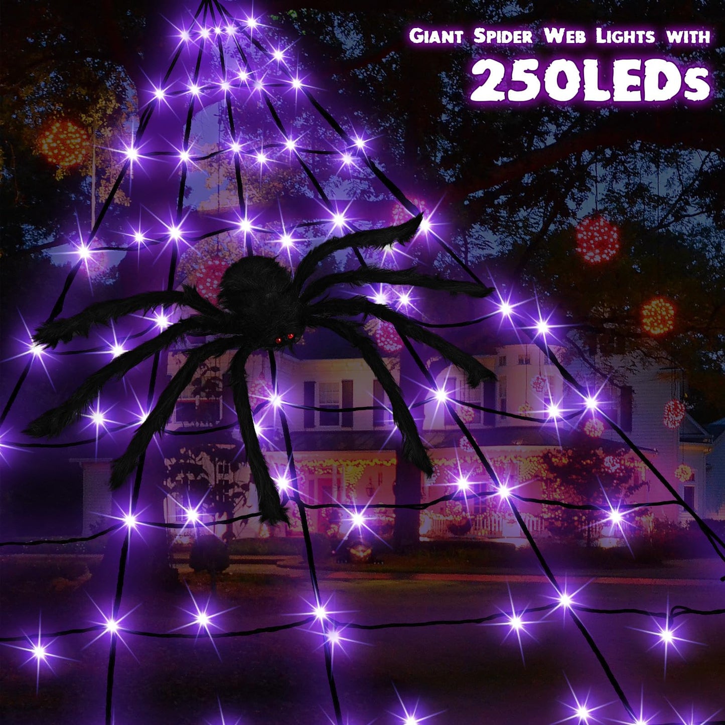 PUHONG Halloween Decorations 19.6Ft Spider Web Lights with 250 LEDs 8 Modes Waterproof Outdoor Plug-in Triangular Spider Web with Purple Lights for Yard Home Parties Haunted House Decor