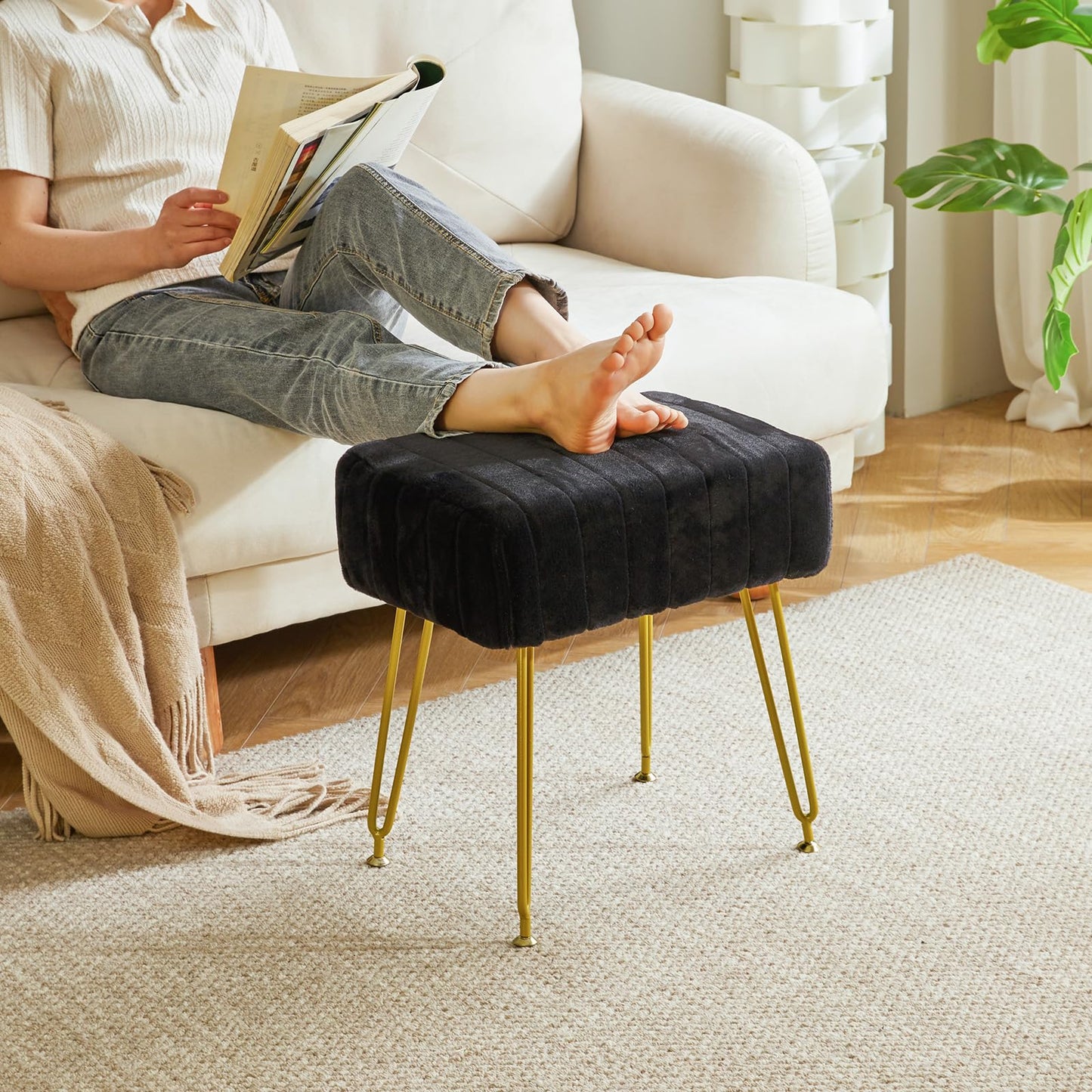 IBUYKE Velvet Rectangular Footrest Ottoman, Makeup Vanity Stool Side Table, Dressing Table Seat, Pouf Couch Stool, Golden Steel Legs, Black LG-51B
