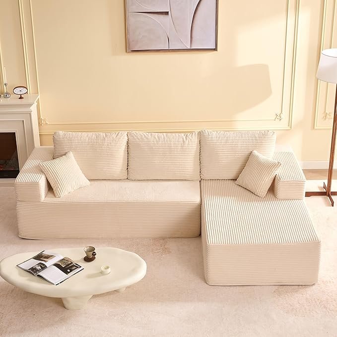 Afuson 107" Boneless Couch with Deep Seat, Modular Sectional Sofa, Cloud Sectional Couch for Living Room, No Assembly Required, Corduroy, L-Shape Right, White