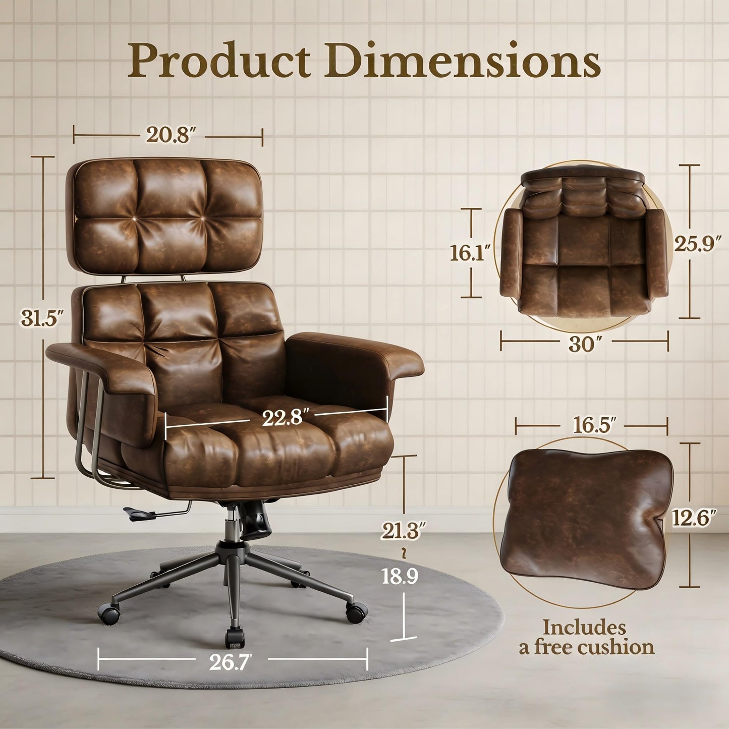 Marsail Executive Office Chair, PU Leather Ergonomic Desk Chair with Thick Cushion & Lumbar Support, Mid-Century Modern Swivel Computer Chair for Home Office, Brown