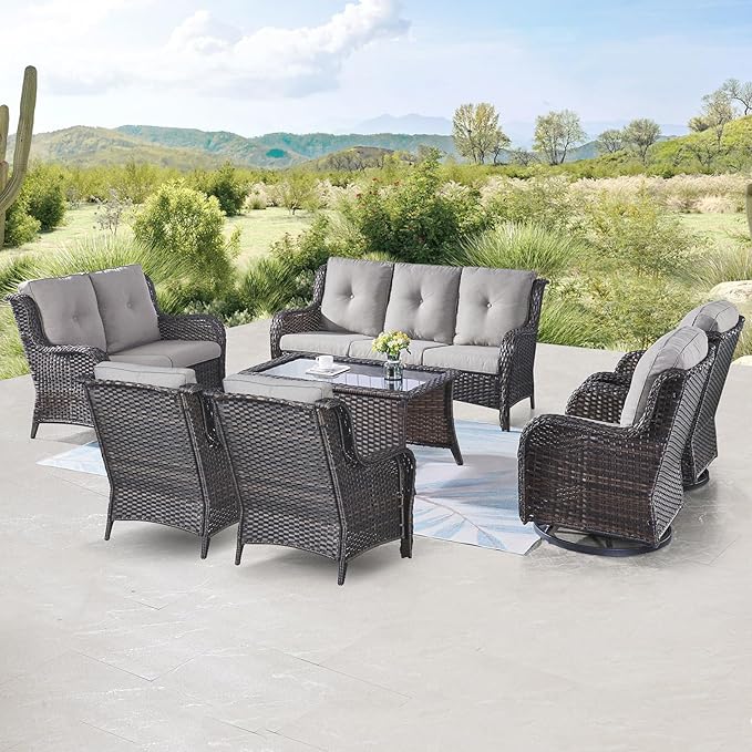 Belord Outdoor Wicker Furniture Patio Set - 7 Piece Backyard Furniture Brown Rattan Conversation Sets with Swivel Rocker Chairs, Rattan Sofa, Club Chairs and Coffee Table, Grey Cushion