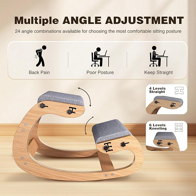 TinyHaven Ergonomic Kneeling Chair with Wooden Frame - Adjustable Height Office Chair with Soft Padding for Back Pain Relief, Posture Correcting Home & Office Desk Chair Wood