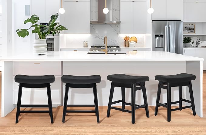 RNKSFX Counter Height Black Bar Stools Set of 6 for Kitchen Counter, Backless Farmhouse Kitchen Island Barstools with Upholstered Faux Leather Saddle Seat and Solid Wood Legs Modern 24 inch Bar Chairs