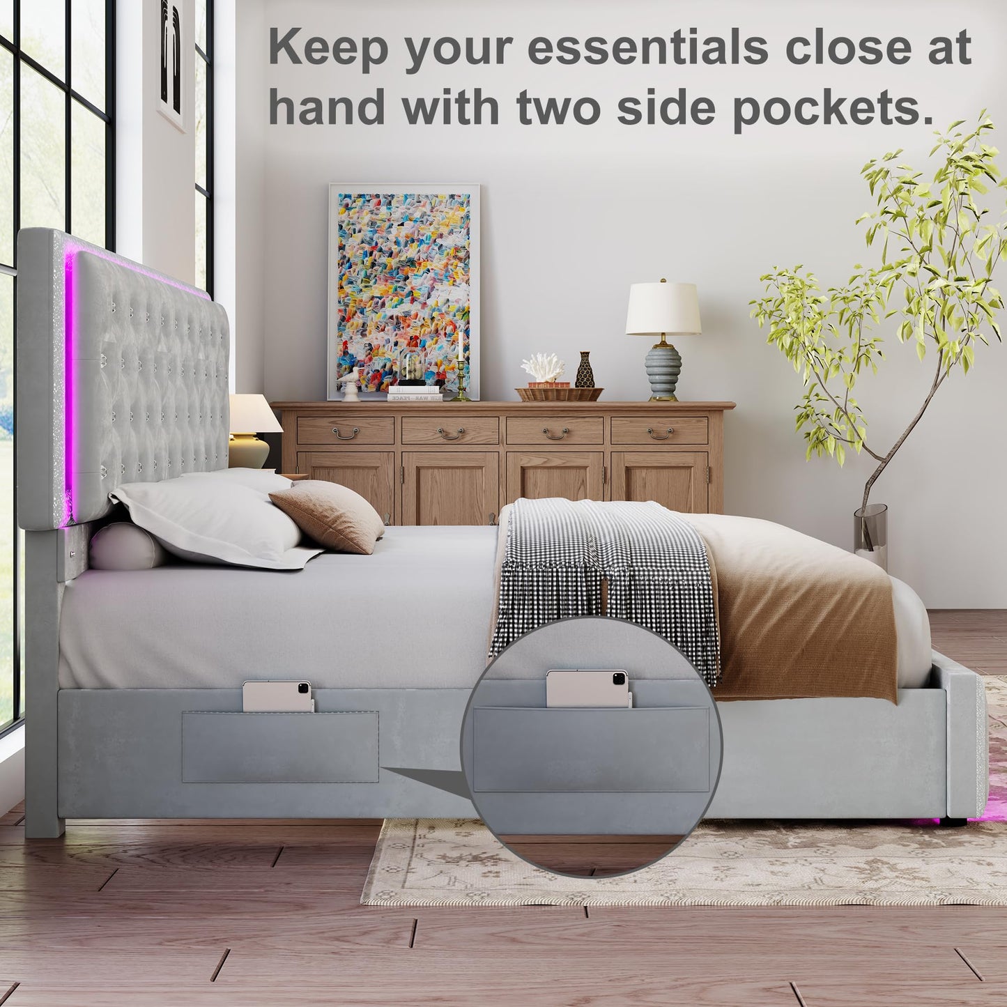 Torana Queen LED Bed Frame with 2 Drawers, Soft Velvet Platform Bed with Diamond Tufted Headboard Footboard and 2 Side Pockets, Mattress Foundation with Wooden Slats Support No Box Spring Needed, Grey