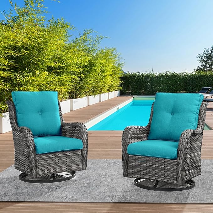 Belord Outdoor Swivel Rcoker Wicker Chairs - Swivel Patio Chairs Set of 2 Patio Furniture Sets with Covered Cushion for Porch Deck Balcony Backyard, Turquoise Cushion