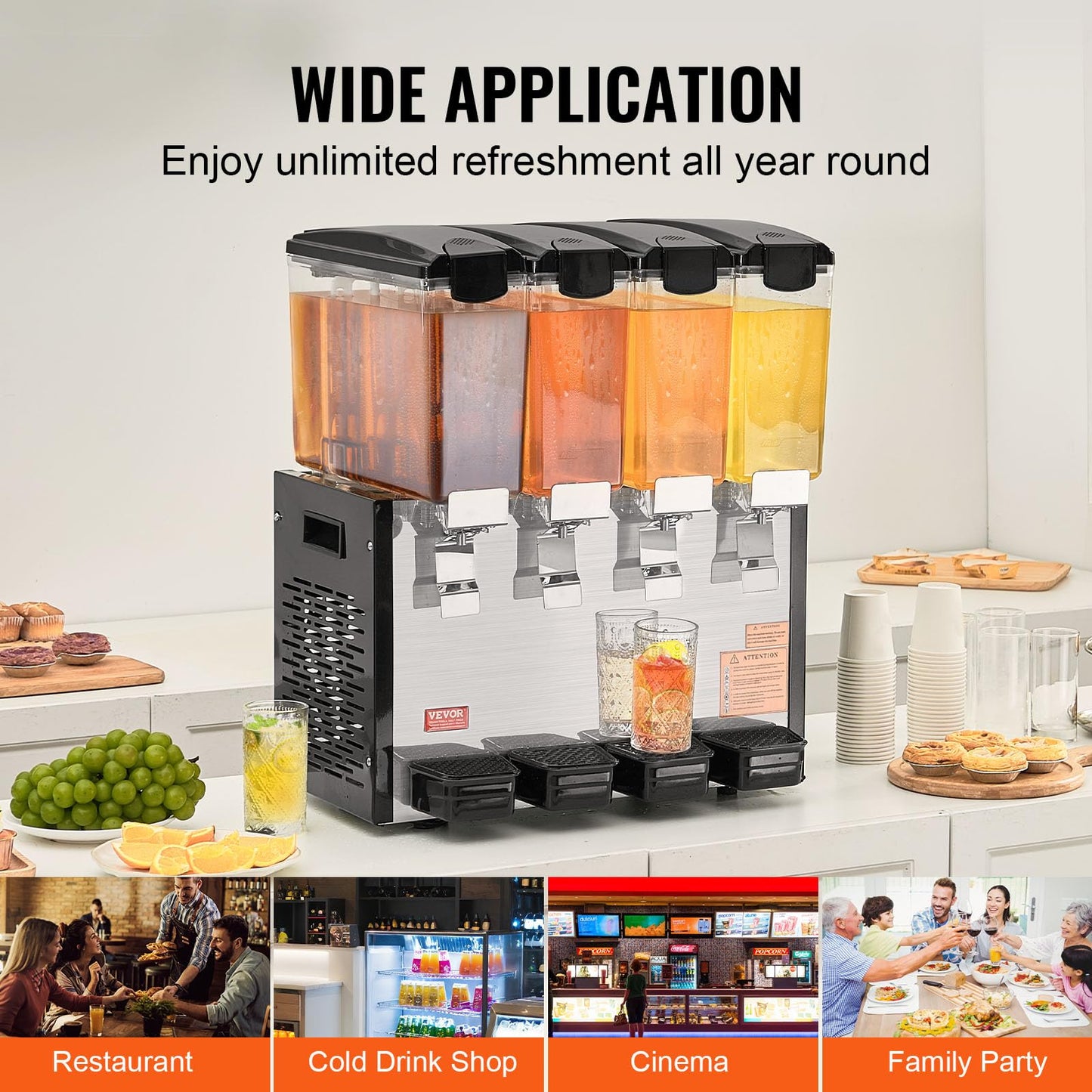 VEVOR Commercial Beverage Dispenser, 4 Tanks 10 L / 10.6 QT Per Tank Juice Dispenser, 430W Stainless Steel Ice Tea Drink Machine with 45°F-54°F Cooling Temperature, for Cold Drink Restaurant Bar Party
