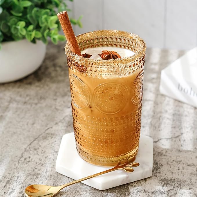 Hobnail Beaded Floral Amber Drinking Glasses Set of 6, (13 oz) Vintage Glassware Set by Kate Aspen| Cocktail Glass Set, Ju...