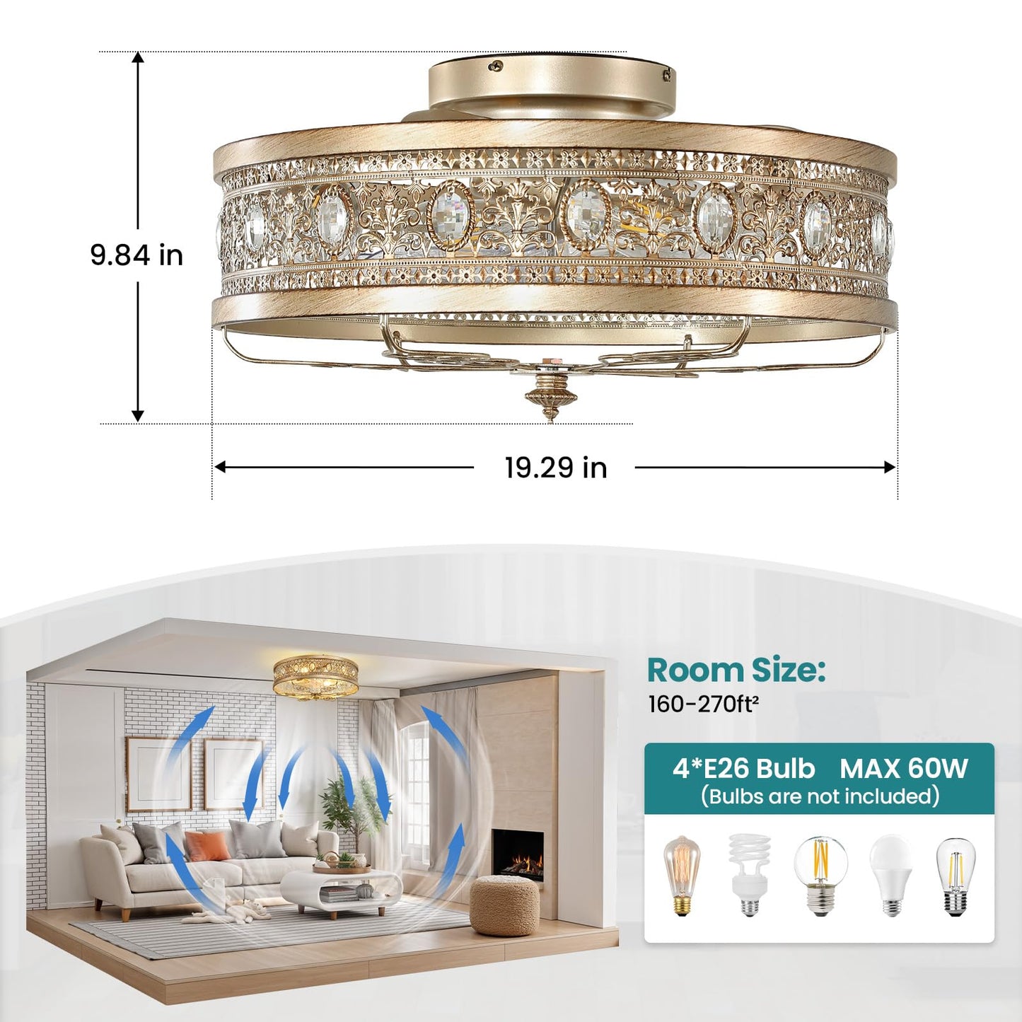 KAISITE Caged Ceiling Fan with Lights 19" Gold Vintage Rustic Crystal Fandelier Farmhouse Ceiling Fan with Remote Low Profile Bladeless Chandelier Fan Light Fixture for Bedroom Kitchen Living Room