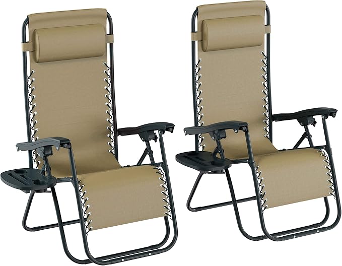 Lavish Home Zero Gravity Chairs - Set of 2 Outdoor Chairs with Side Tables with 2 Cupholders, Phone, and Tablet Holder and Chair Pillow (Beige)