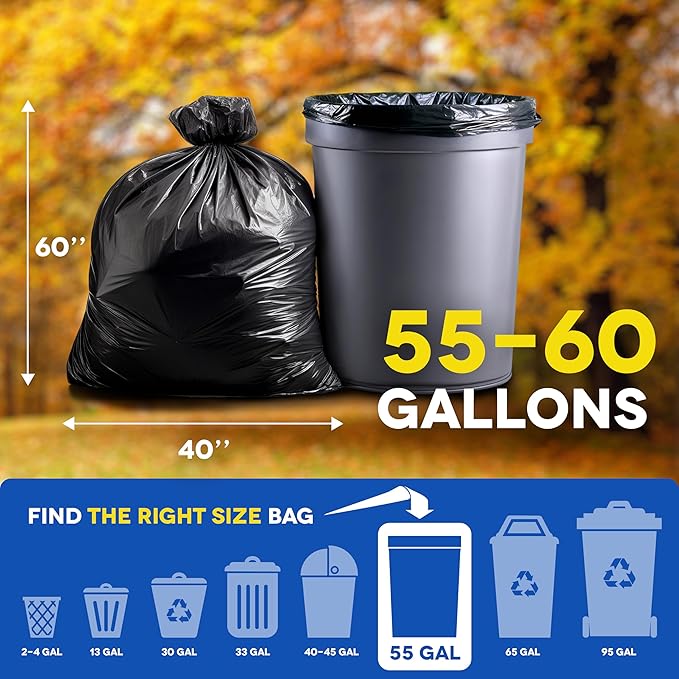 Large Trash Bags 55-60 Gallon | 150 Count, Heavy Duty Black Garbage Bags | Unscented, Leak Proof, Bulk Pack for Office, Industrial & Commercial Use - Made in USA