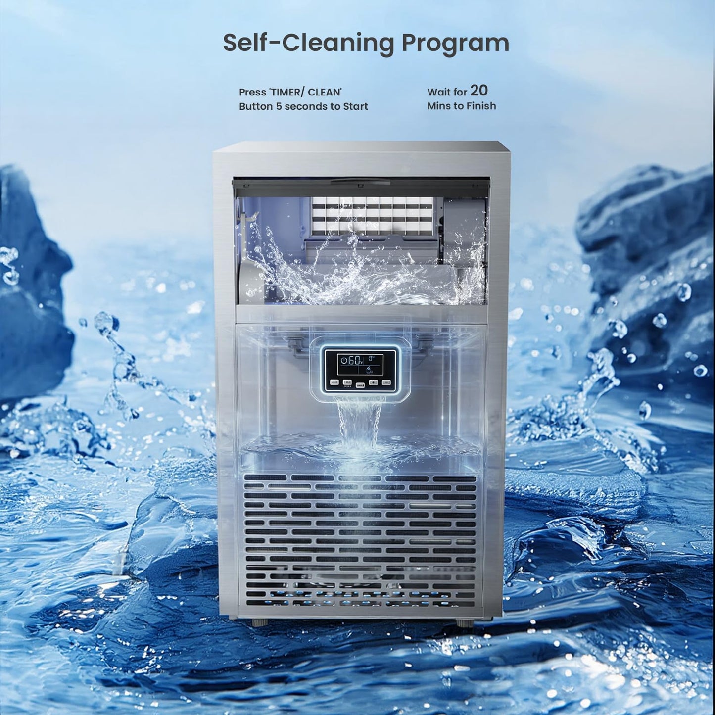 Kismile Commercial Ice Maker, 144 lbs/24H Ice Machine with 29 lbs Storage, Under Counter Ice Maker with LED Display & Self-Cleaning, 304 Stainless Steel Structure for Home, Bar, Outdoor Kitchen