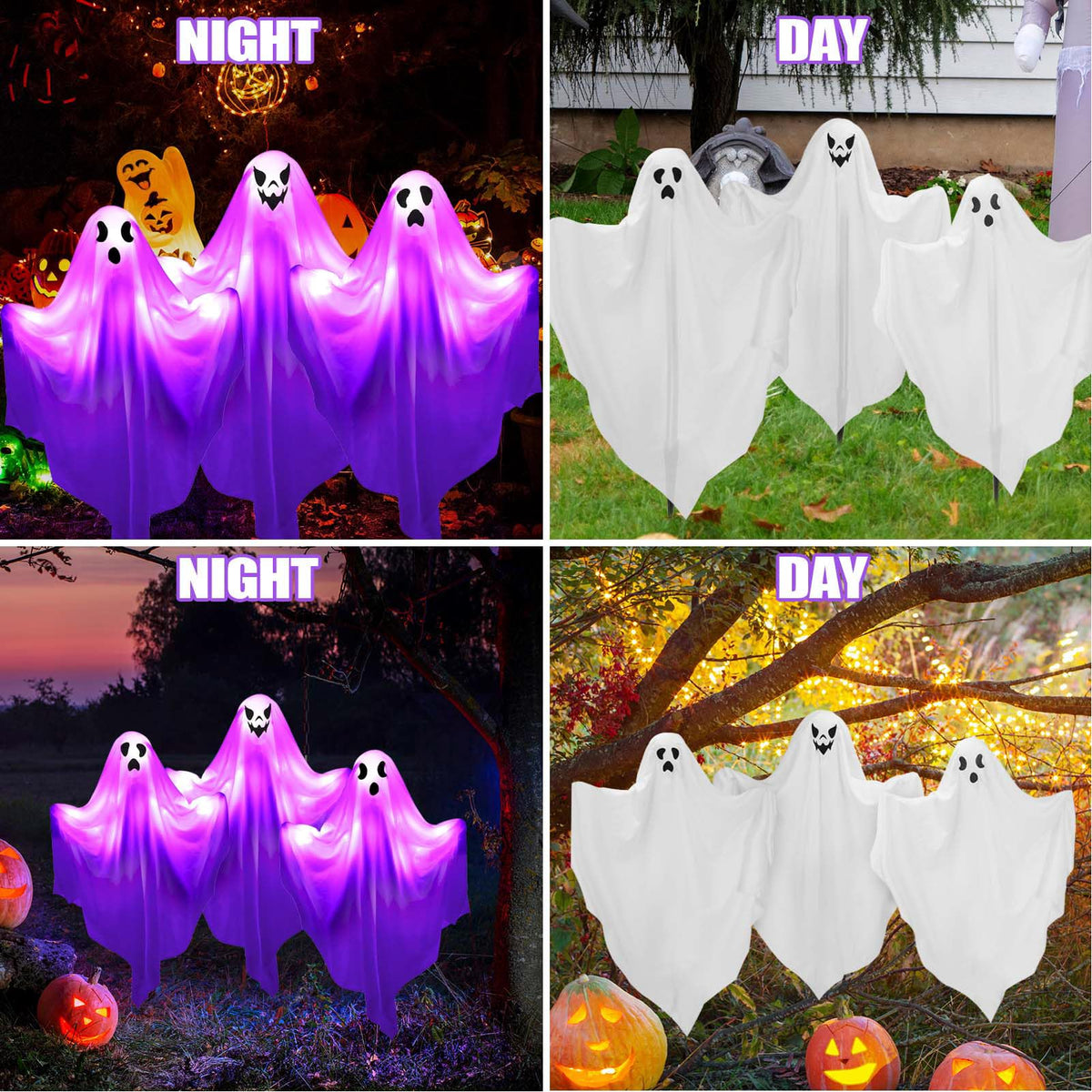 [8Light-Modes] Sets of 3 Halloween Ghost Light Stakes, Flying Ghost Halloween Decorations, LED Lighted Ghost Yard Stakes Outdoor Scary Hanging Ornament for Lawn, Yard, Patio, Haunted House