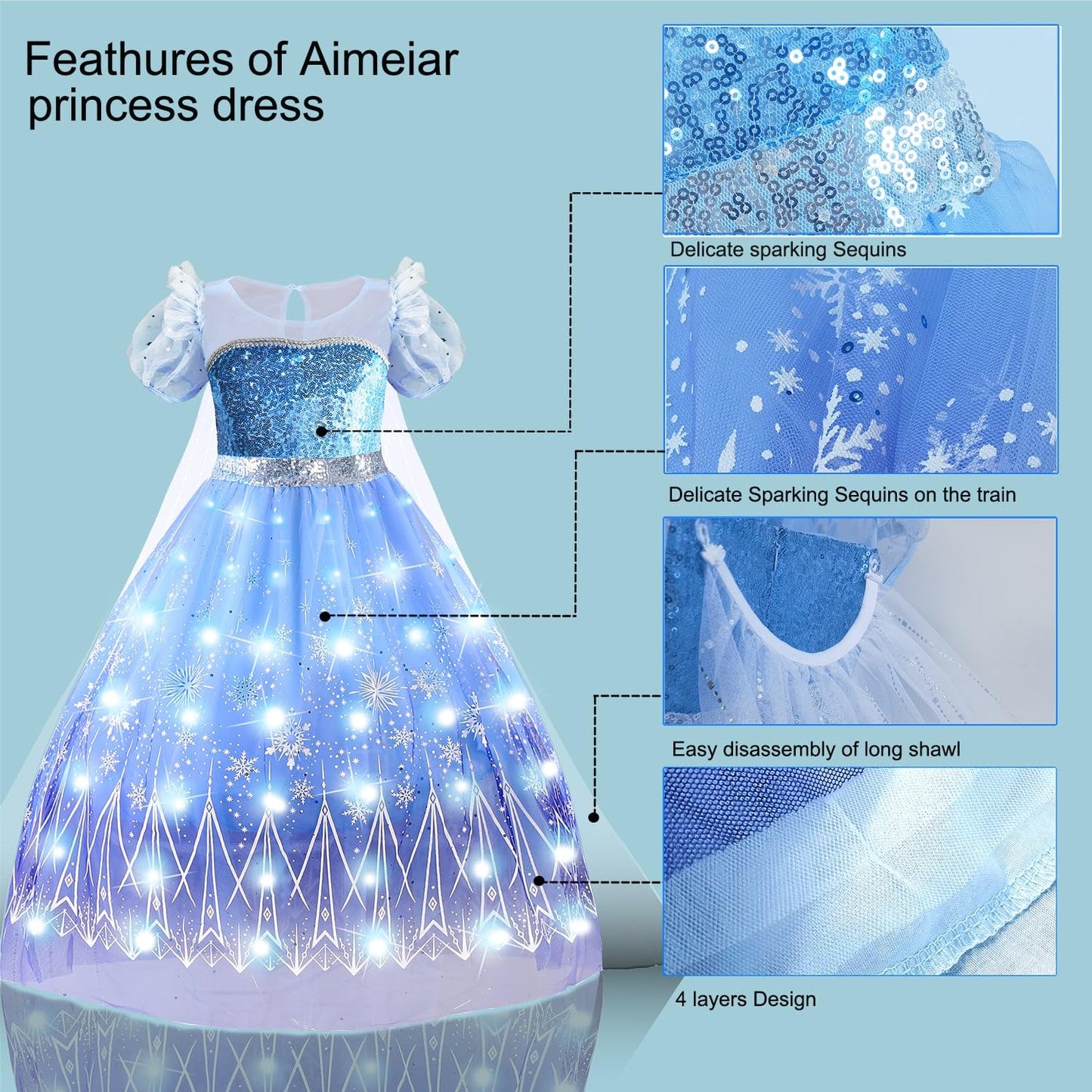 Aimeiar Light Up Girls Halloween Costume Snow Princess Dress Ice Christmas Costumes Toddler Kids Costume with Accessories